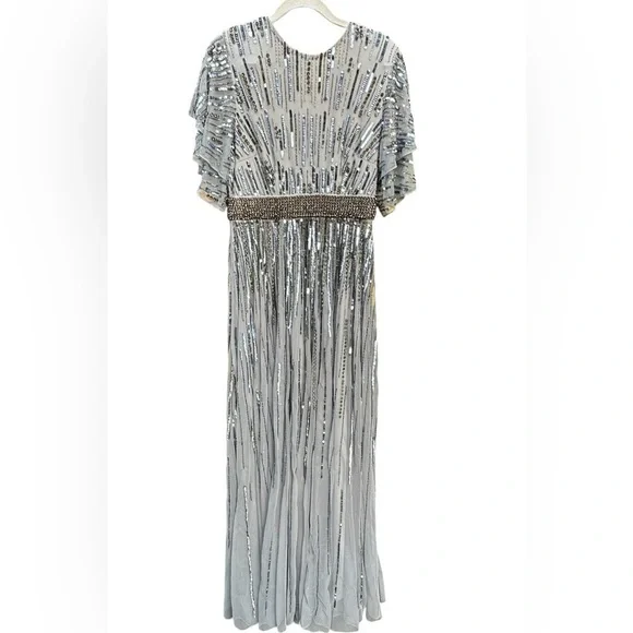 MAC DUGGAL 93582 EMBELLISHED FULL LENGTH LAYERED SLEEVE SLATE BLUE GOWN SIZE 14